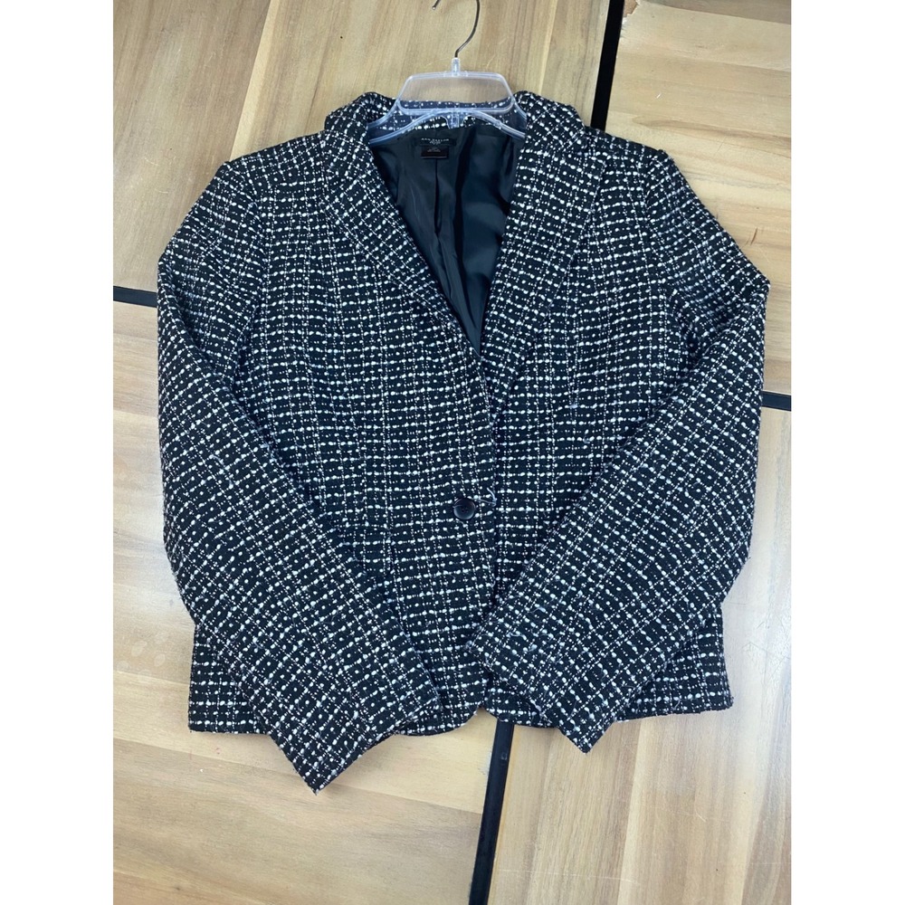 ANN TAYLOR PETITE Black White Tweed Blazer Jacket Womens Size 12P Single‎ Button